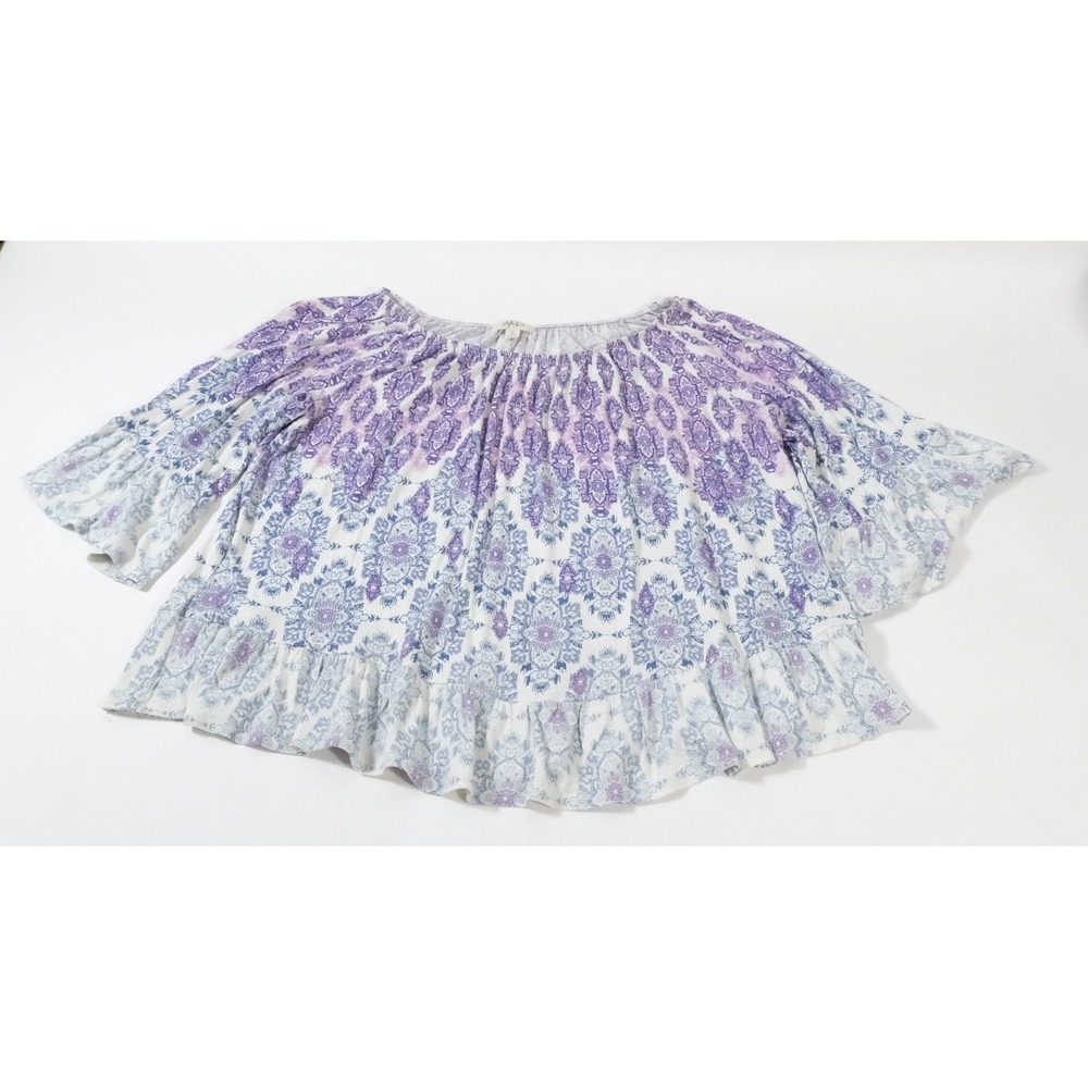 Style‎ & Co Blouse Women XL Purple Blue Medallion Print Bell Sleeve Ruffle Hem